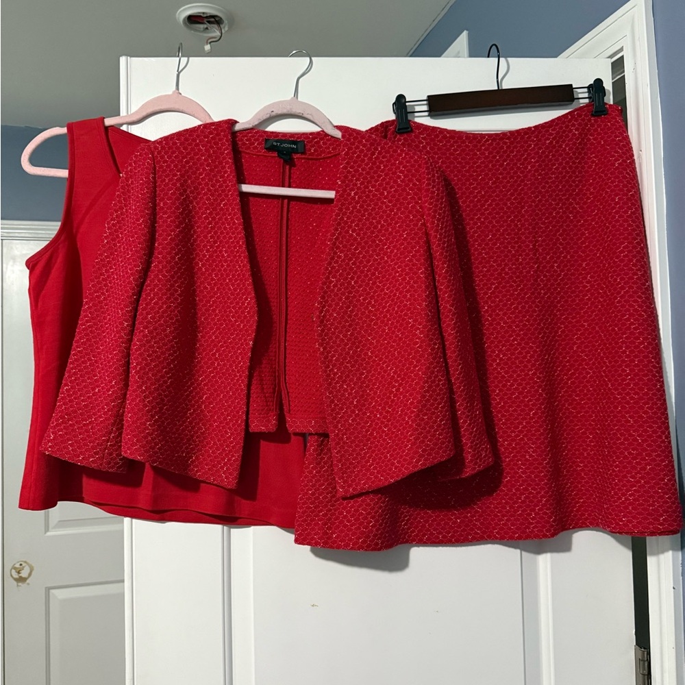 St. John Red A-Line Knee-Length Skirt Set for Work
